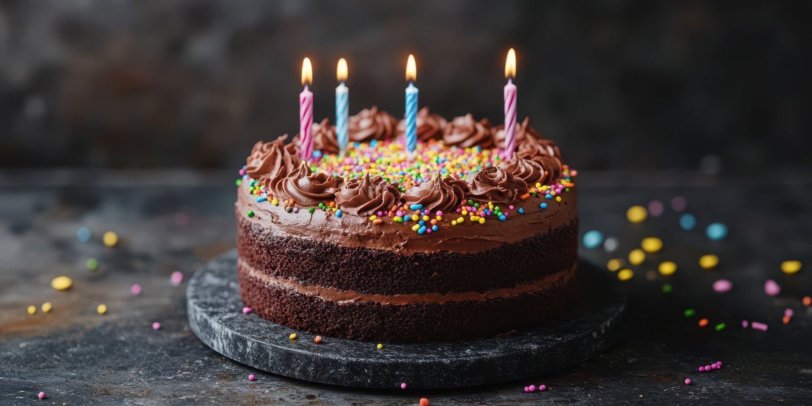Birthday cake with candles and colorful sprinkles on a dark background capturing the joy of celebration
